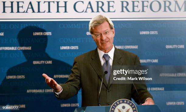 Senate Finance Committee Chairman, Max Baucus , speaks about his healthcare plan during a news conference on Capitol Hill, September 16, 2009 in...