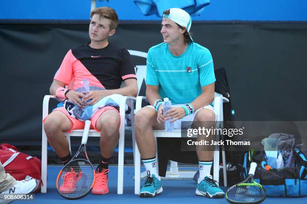 Aidan McHugh of Great Britain and Timofey Skatov of Russia compete in their boy's doubles match against Igor Gimenez of Brazil and Sangeet Sridhar of...