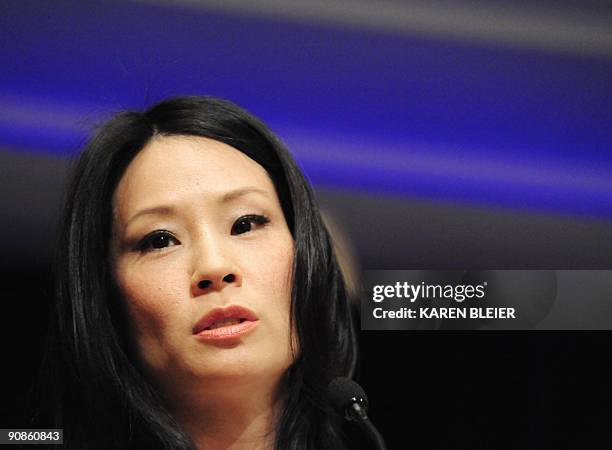 Ambassador and Actress, Lucy Liu, who has been an active proponent of anti-trafficking issues, delivers remarks on September 16, 2009 during an...