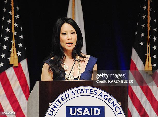 Ambassador and Actress, Lucy Liu, who has been an active proponent of anti-trafficking issues, delivers remarks on September 16, 2009 during an...