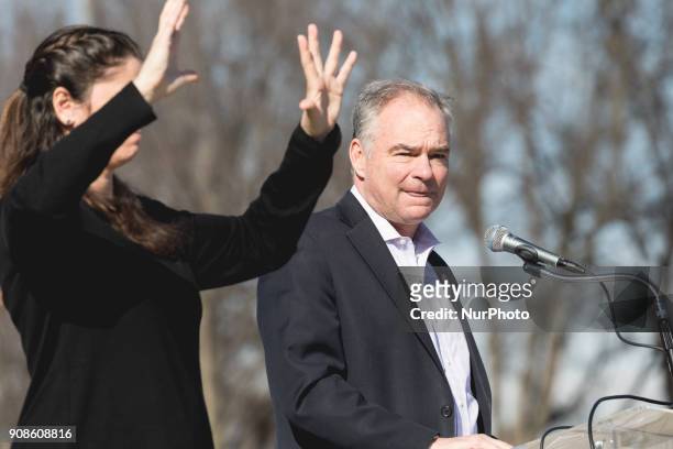 Senator Tim Kaine speaks to people gathered on the steps of the Lincoln Memorial for the &quot;Women's March on Washington 2018&quot;. For the second...