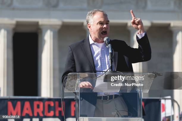 Senator Tim Kaine speaks to people gathered on the steps of the Lincoln Memorial for the &quot;Women's March on Washington 2018&quot;. For the second...