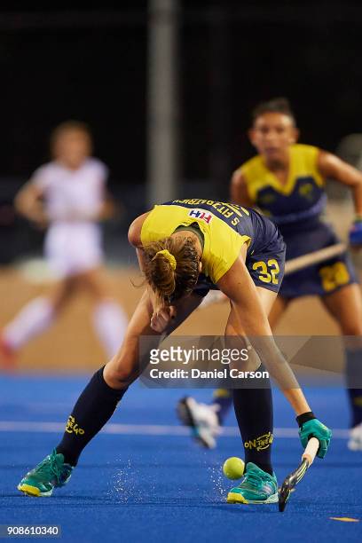 The ball hits the foot of Savannah Fitzpatrick of the Hockeyroos during game five of the International Test match series between the Australian...