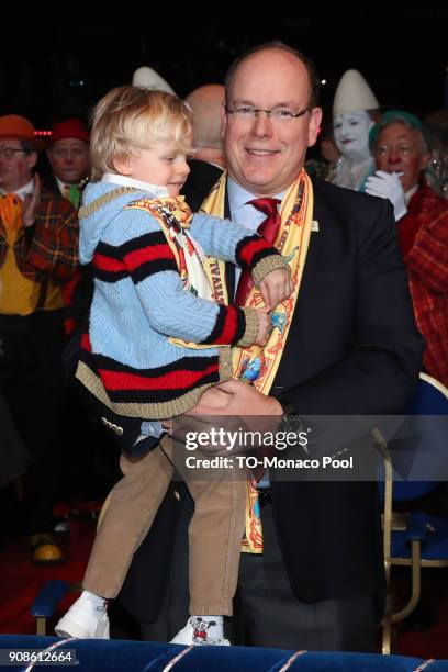 Prince Jacques of Monaco and Prince Albert II of Monaco, attend the 42nd International Circus Festival in Monte Carlo on January 21, 2018 in Monaco,...