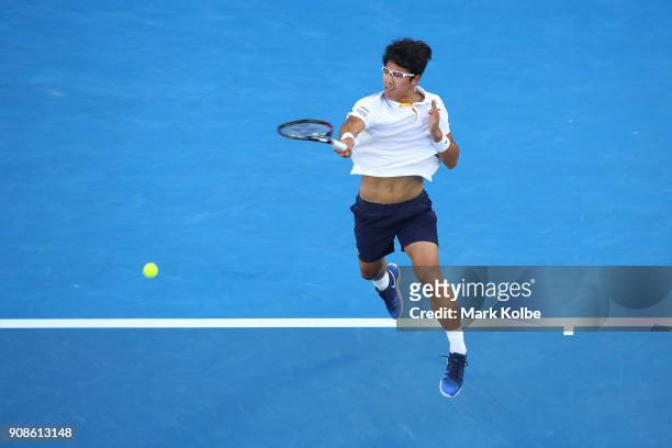 Hyeon Chung of South Korea plays a forehand in his fourth round match against Novak Djokovic of Serbia on day eight of the 2018 Australian Open at...