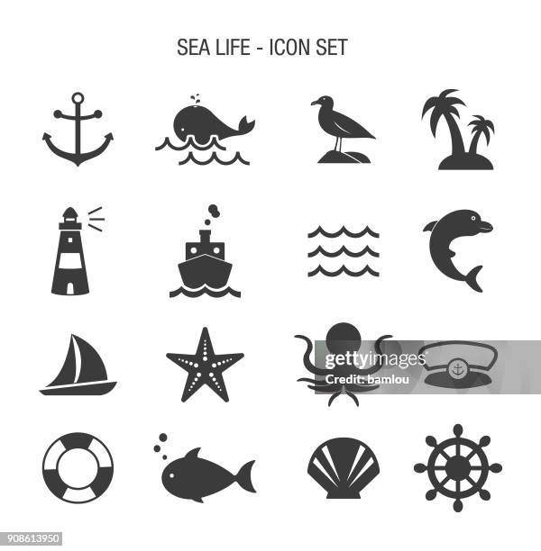 ilustraciones, imágenes clip art, dibujos animados e iconos de stock de conjunto de iconos de vida marina - sea