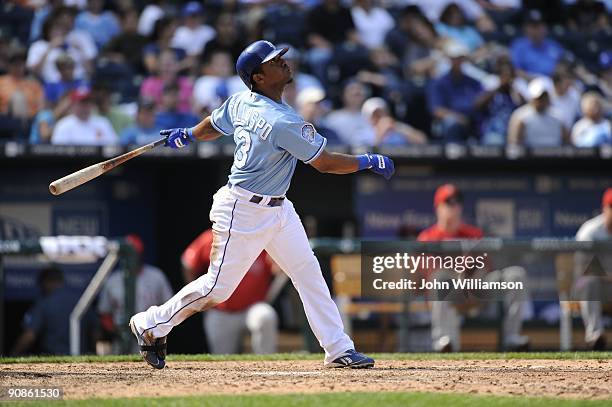 Alberto Callaspo of the Kansas City Royals bats during the game against the Los Angeles Angels of Anaheim at Kauffman Stadium in Kansas City,...