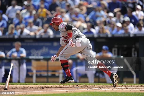Juan Rivera of the Los Angeles Angels of Anaheim bats and runs to first base from the batter's box during the game against the Kansas City Royals at...