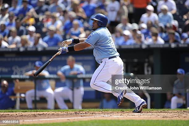 Brayan Pena of the Kansas City Royals bats and runs to first base from the batter's box during the game against the Los Angeles Angels of Anaheim at...