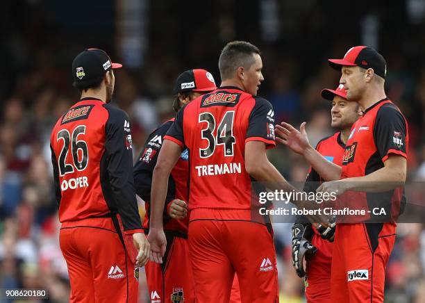 Chris Tremain of the Renegades celebrates the wicket of Jake Weatherald of the Strikers during the Big Bash League match between the Melbourne...