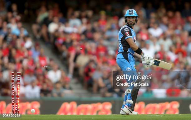 Adelaide Strikers Jake Weatherald is bowled during the Big Bash League match between the Melbourne Renegades and the Adelaide Strikers at Etihad...