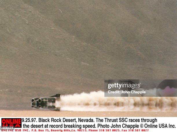Black Rock Desert, Nevada. The Thrust SSC races through the desert at record breaking speed