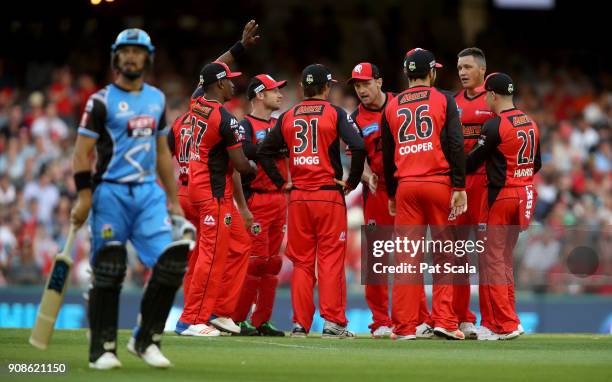 Melbourne Renegades players celebrate dismissing Strikers Jake Weatherald during the Big Bash League match between the Melbourne Renegades and the...