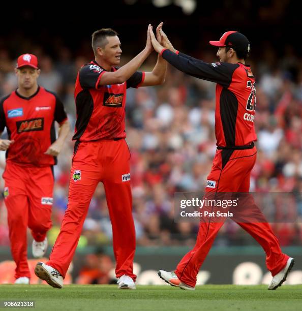 Melbourne Renegades Chris Tremain celebrates dismissing Strikers Jake Weatherald during the Big Bash League match between the Melbourne Renegades and...