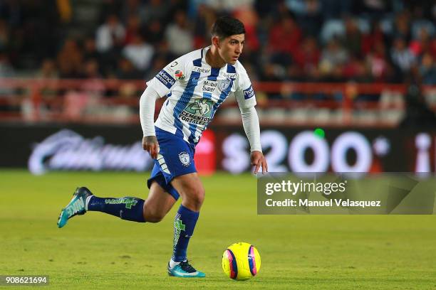 Victor Guzman of Pachuca drives the ball during the 3rd round match between Pachuca and Lobos BUAP as part of the Torneo Clausura 2018 Liga MX at...