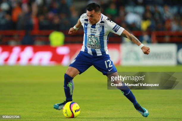 Emmanuel Garcia of Pachuca controls the ball during the 3rd round match between Pachuca and Lobos BUAP as part of the Torneo Clausura 2018 Liga MX at...