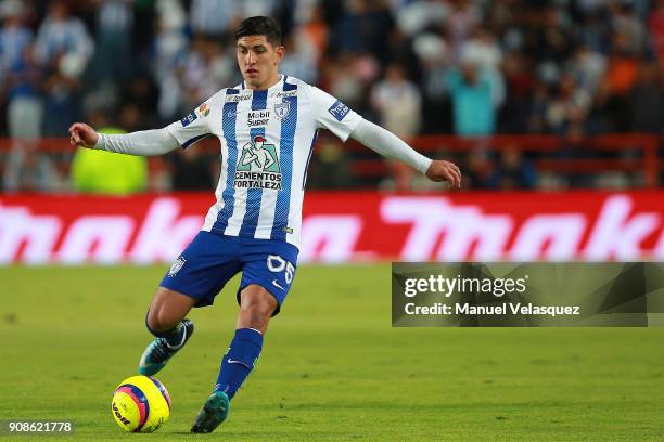 Victor Guzman of Pachuca plays the ball during the 3rd round match between Pachuca and Lobos BUAP as part of the Torneo Clausura 2018 Liga MX at...