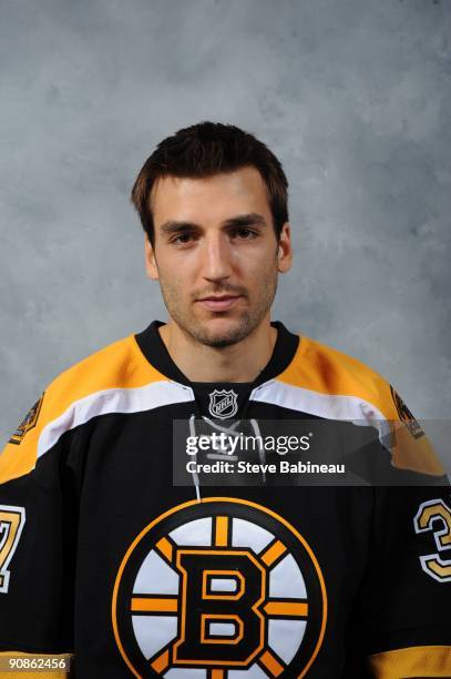 Patrice Bergeron of the Boston Bruins poses for his official headshot for the 2009-2010 NHL season.