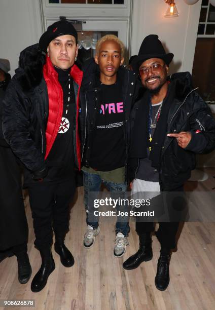 Jaden Smith poses with Taboo and apl.de.ap of Black Eyed Peas during Skate Kitchen at DIRECTV Lodge presented by AT&T during Sundance Film Festival...