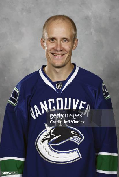 Sami Salo of the Vancouver Canucks poses for his official headshot for the 2009-2010 NHL season in Vancouver, British Columbia, Canada.