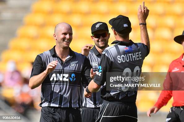 New Zealand's Seth Rance celebrates with teammate Tim Southee after ...