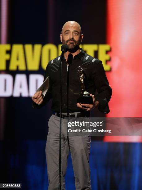 Adult film actor Adam Russo wins an award during the 2018 GayVN Awards show at The Joint inside the Hard Rock Hotel & Casino on January 21, 2018 in...