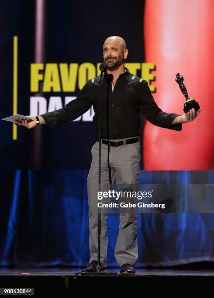 Adult film actor Adam Russo wins an award during the 2018 GayVN Awards show at The Joint inside the Hard Rock Hotel & Casino on January 21, 2018 in...