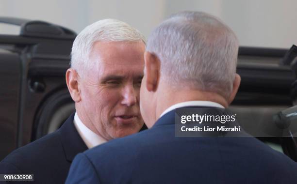 Vice President Mike Pence is seen with Israeli Prime Minister Benjamin Netanyahu during an official welcome ceremony at the Prime Minister's Office...
