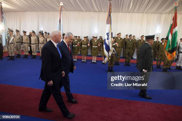 Vice President Mike Pence is seen with Israeli Prime Minister Benjamin Netanyahu during an official welcome ceremony at the Prime Minister's Office...