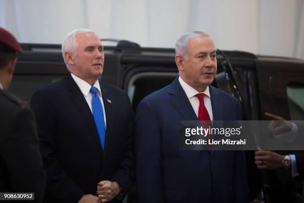 Vice President Mike Pence is seen with Israeli Prime Minister Benjamin Netanyahu during an official welcome ceremony at the Prime Minister's Office...