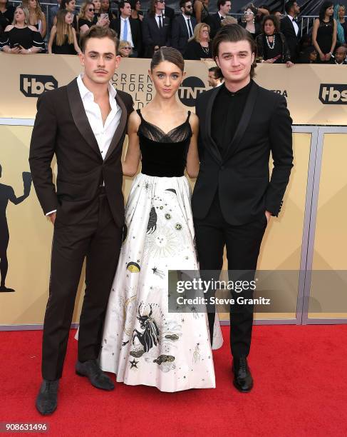 Actors Dacre Montgomery, Natalia Dyer and Joe Keery arrives at the 24th Annual Screen Actors-Guild Awards at The Shrine Auditorium on January 21,...