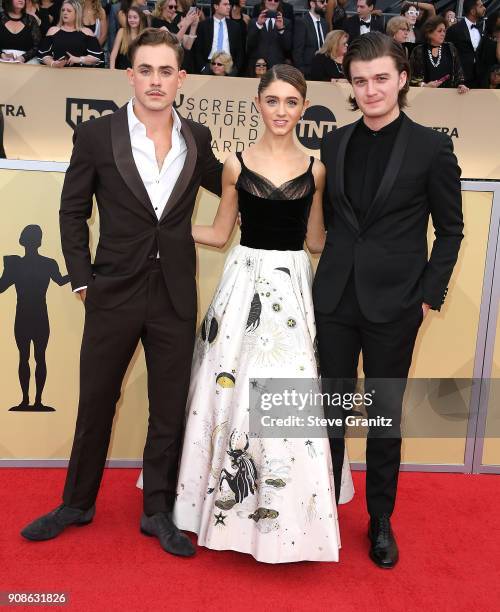 Actors Dacre Montgomery, Natalia Dyer and Joe Keery arrives at the 24th Annual Screen Actors-Guild Awards at The Shrine Auditorium on January 21,...