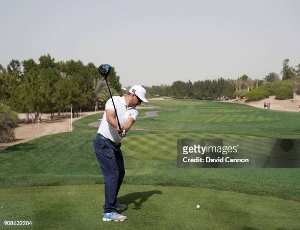 Mikko Korhonen of Finland plays a driver during the final round of the Abu Dhabi HSBC Golf Championship at Abu Dhabi Golf Club on January 21, 2018 in...