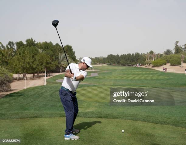 Mikko Korhonen of Finland plays a driver during the final round of the Abu Dhabi HSBC Golf Championship at Abu Dhabi Golf Club on January 21, 2018 in...