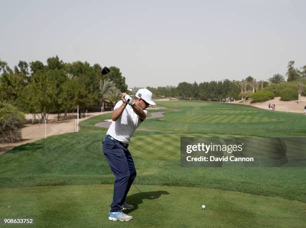 Mikko Korhonen of Finland plays a driver during the final round of the Abu Dhabi HSBC Golf Championship at Abu Dhabi Golf Club on January 21, 2018 in...