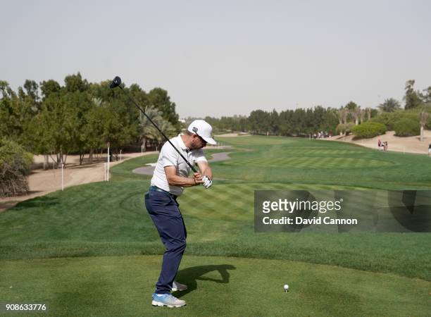Mikko Korhonen of Finland plays a driver during the final round of the Abu Dhabi HSBC Golf Championship at Abu Dhabi Golf Club on January 21, 2018 in...
