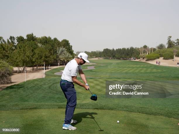 Mikko Korhonen of Finland plays a driver during the final round of the Abu Dhabi HSBC Golf Championship at Abu Dhabi Golf Club on January 21, 2018 in...