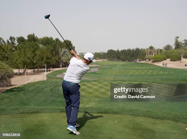 Mikko Korhonen of Finland plays a driver during the final round of the Abu Dhabi HSBC Golf Championship at Abu Dhabi Golf Club on January 21, 2018 in...