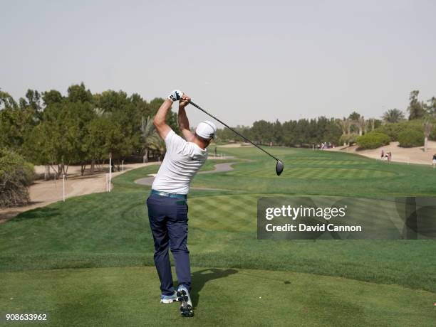 Mikko Korhonen of Finland plays a driver during the final round of the Abu Dhabi HSBC Golf Championship at Abu Dhabi Golf Club on January 21, 2018 in...