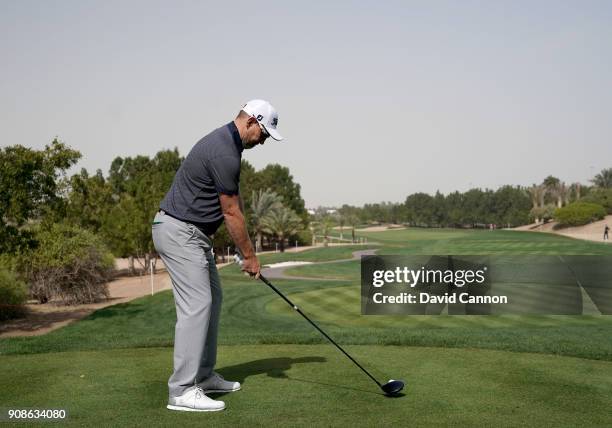 Stephen Gallacher of Scotland plays a driver during the final round of the Abu Dhabi HSBC Golf Championship at Abu Dhabi Golf Club on January 21,...