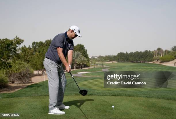 Stephen Gallacher of Scotland plays a driver during the final round of the Abu Dhabi HSBC Golf Championship at Abu Dhabi Golf Club on January 21,...