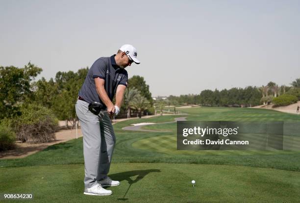 Stephen Gallacher of Scotland plays a driver during the final round of the Abu Dhabi HSBC Golf Championship at Abu Dhabi Golf Club on January 21,...