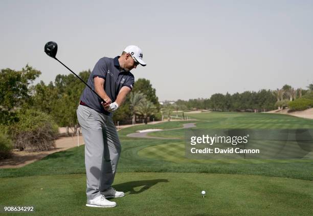 Stephen Gallacher of Scotland plays a driver during the final round of the Abu Dhabi HSBC Golf Championship at Abu Dhabi Golf Club on January 21,...