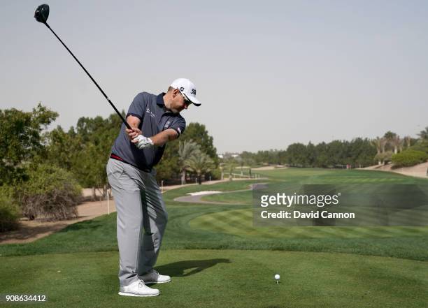 Stephen Gallacher of Scotland plays a driver during the final round of the Abu Dhabi HSBC Golf Championship at Abu Dhabi Golf Club on January 21,...