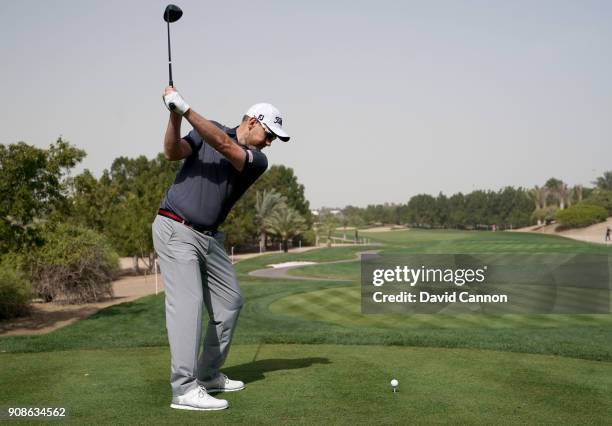 Stephen Gallacher of Scotland plays a driver during the final round of the Abu Dhabi HSBC Golf Championship at Abu Dhabi Golf Club on January 21,...