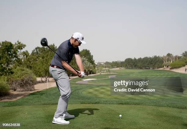 Stephen Gallacher of Scotland plays a driver during the final round of the Abu Dhabi HSBC Golf Championship at Abu Dhabi Golf Club on January 21,...