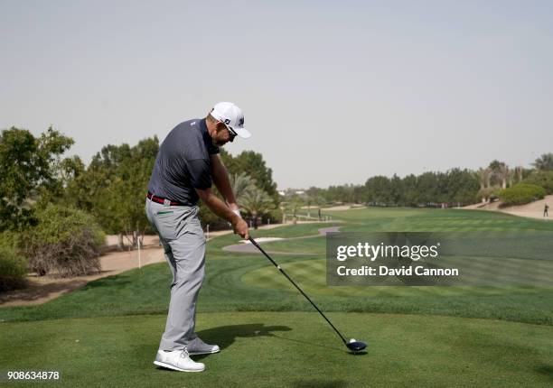 Stephen Gallacher of Scotland plays a driver during the final round of the Abu Dhabi HSBC Golf Championship at Abu Dhabi Golf Club on January 21,...