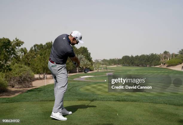 Stephen Gallacher of Scotland plays a driver during the final round of the Abu Dhabi HSBC Golf Championship at Abu Dhabi Golf Club on January 21,...