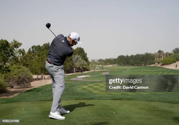 Stephen Gallacher of Scotland plays a driver during the final round of the Abu Dhabi HSBC Golf Championship at Abu Dhabi Golf Club on January 21,...