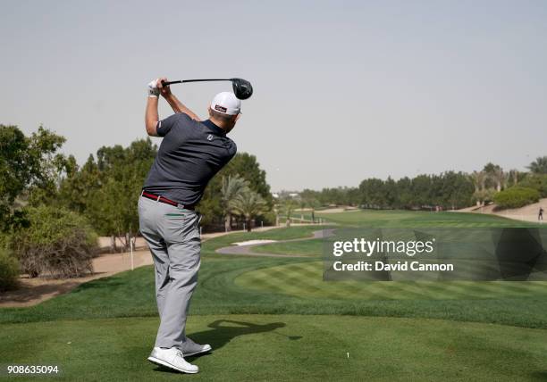 Stephen Gallacher of Scotland plays a driver during the final round of the Abu Dhabi HSBC Golf Championship at Abu Dhabi Golf Club on January 21,...